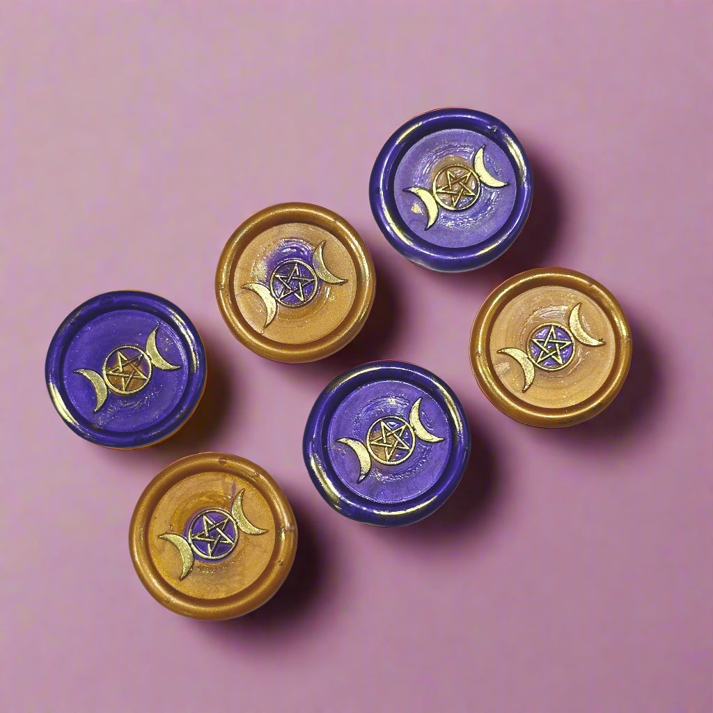 Triple Moon Wax Seals Purple & Gold, Set of SIX, for cards, invitations, letters and gifts