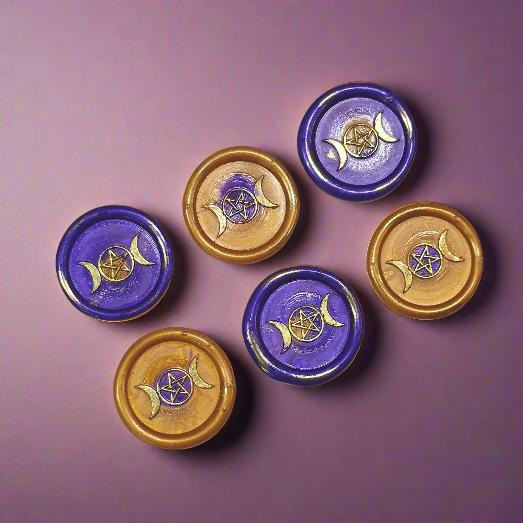 Triple Moon Wax Seals Purple & Gold, Set of SIX, for cards, invitations, letters and gifts