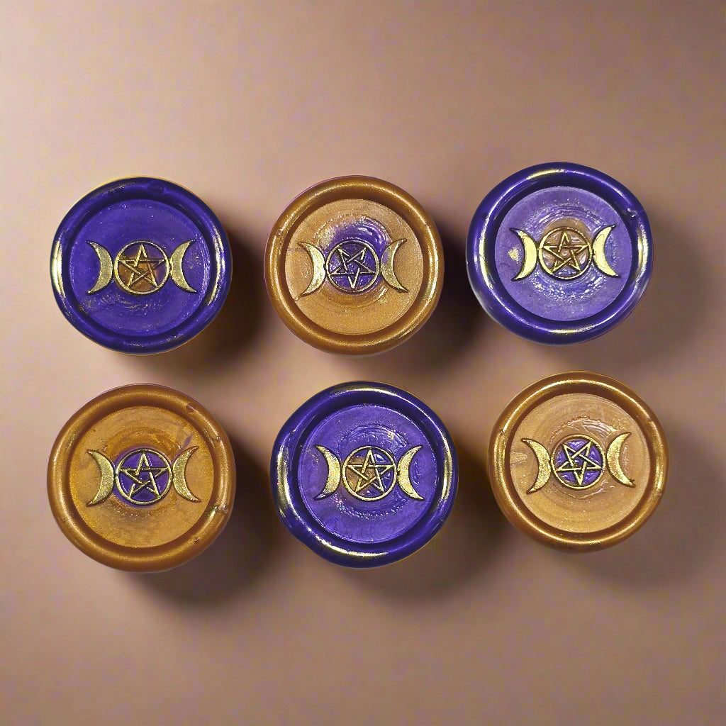 Triple Moon Wax Seals Purple & Gold, Set of SIX, for cards, invitations, letters and gifts