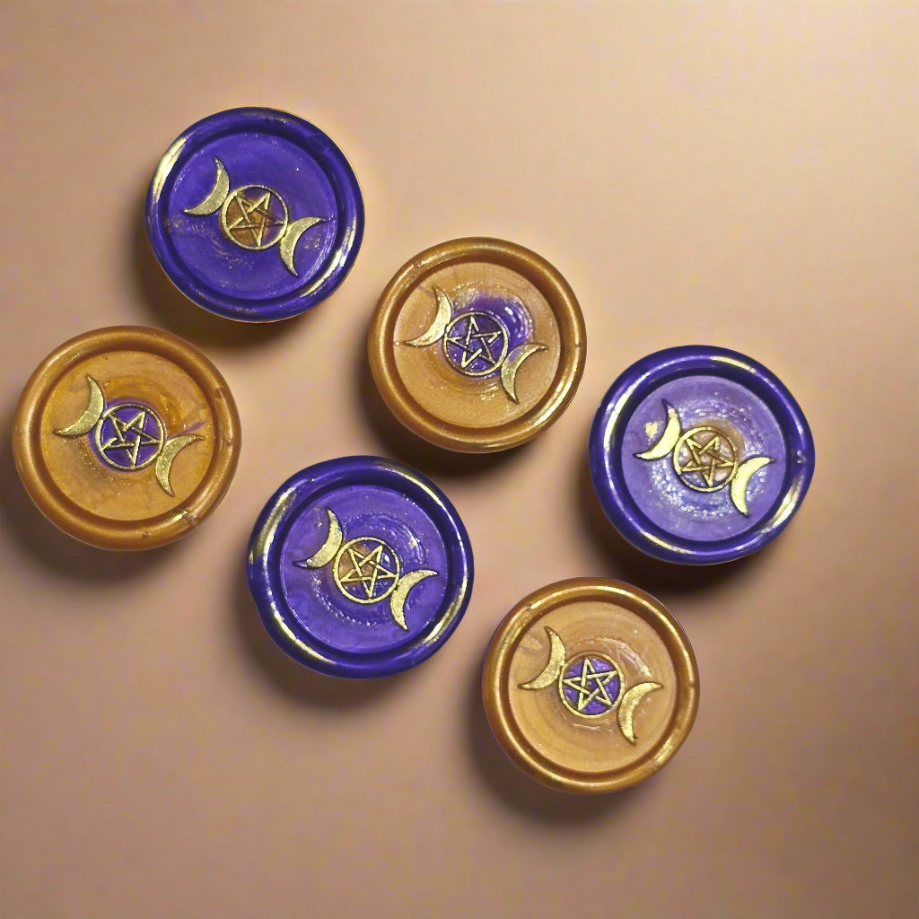 Triple Moon Wax Seals Purple & Gold, Set of SIX, for cards, invitations, letters and gifts
