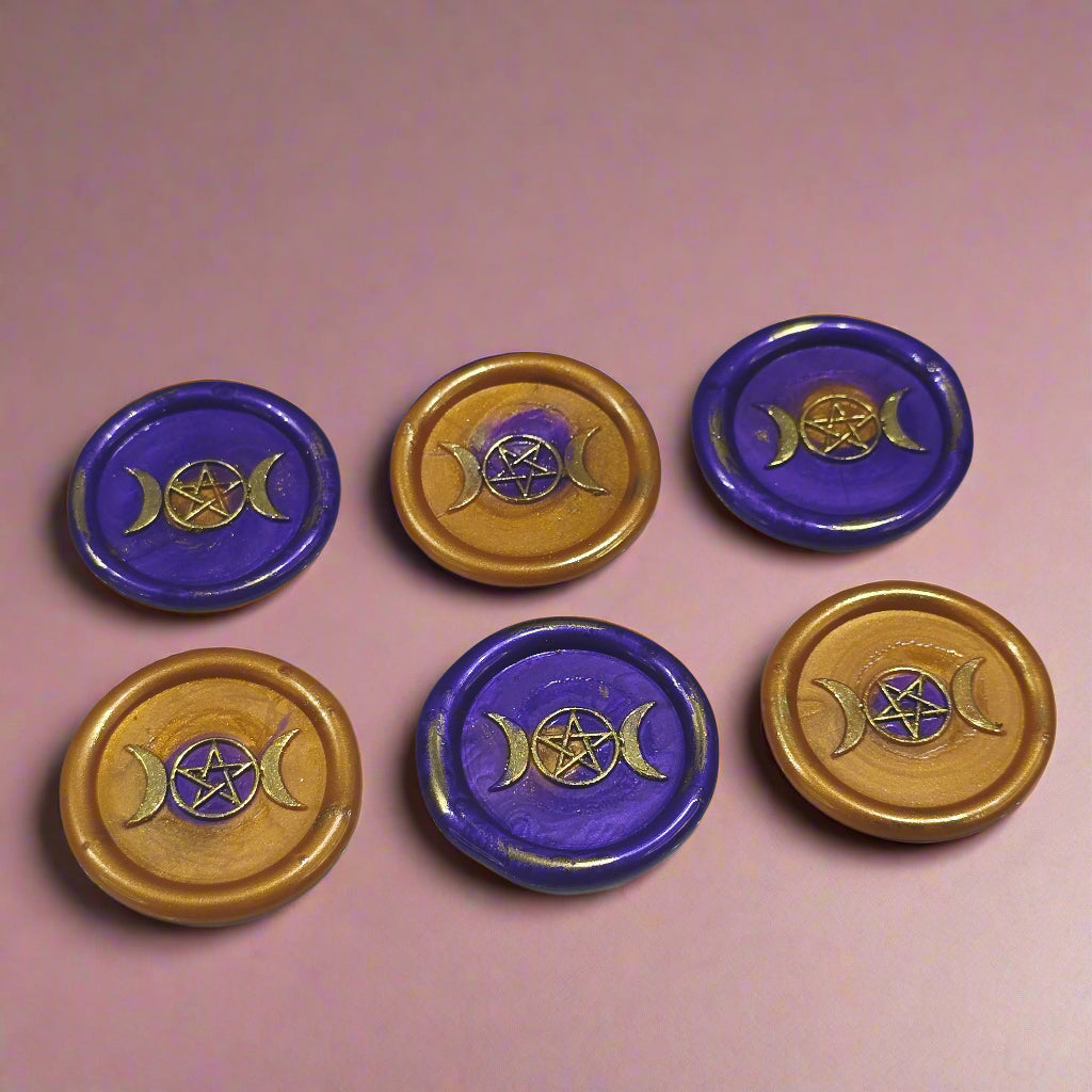 Triple Moon Wax Seals Purple & Gold, Set of SIX, for cards, invitations, letters and gifts