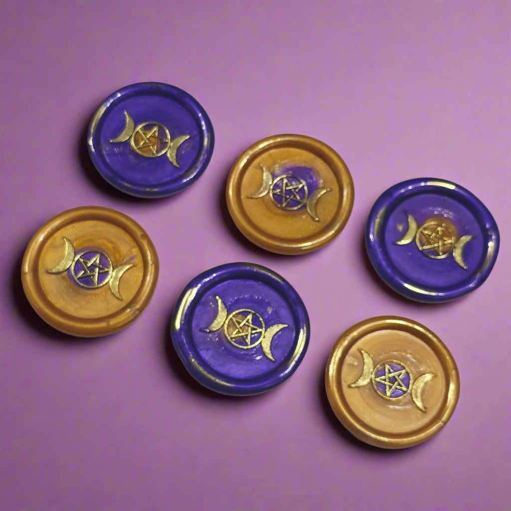 Triple Moon Wax Seals Purple & Gold, Set of SIX, for cards, invitations, letters and gifts
