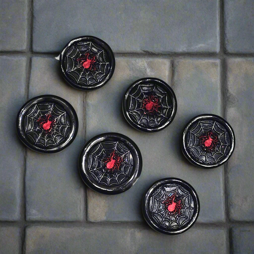 Spider's Web Wax Seals Black, Red & Silver Set of Six, with adhesive
