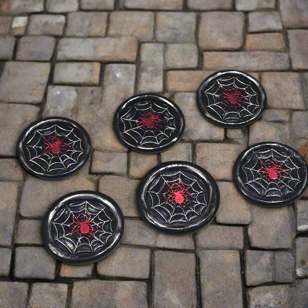 Spider's Web Wax Seals Black, Red & Silver Set of Six, with adhesive