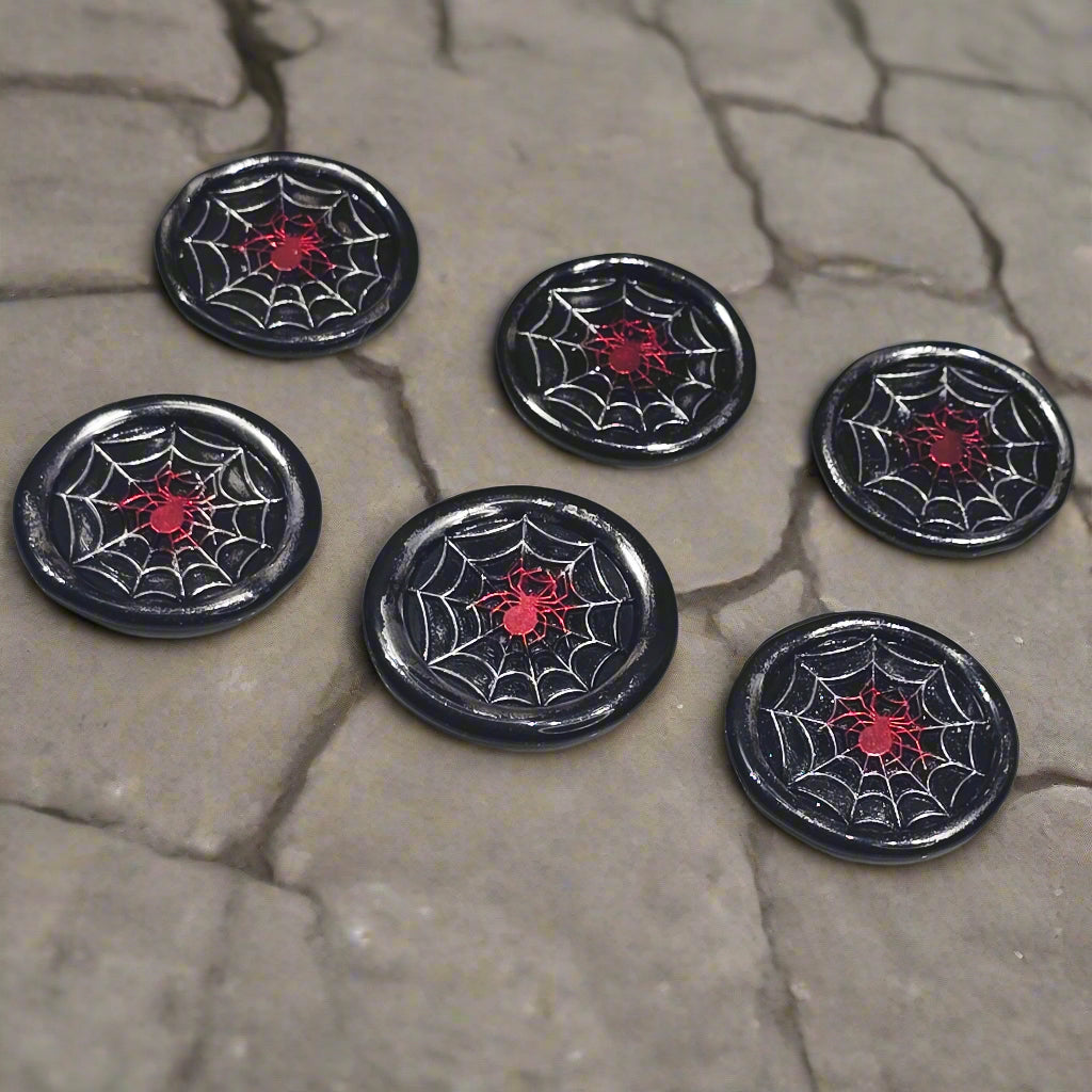 Spider's Web Wax Seals Black, Red & Silver Set of Six, with adhesive