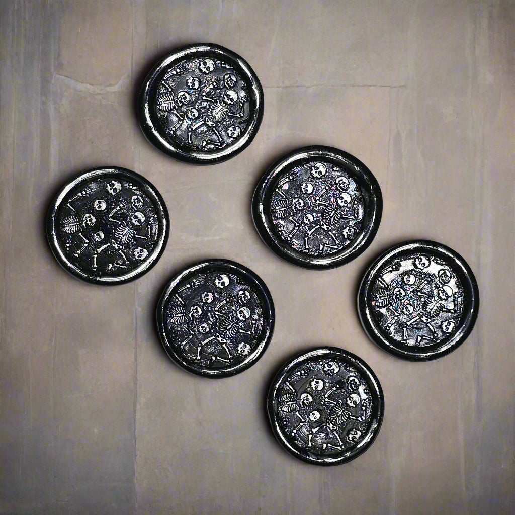 Halloween Skeleton Wax Seals Black & Silver Set of Six, with adhesive