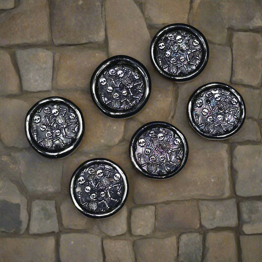 Halloween Skeleton Wax Seals Black & Silver Set of Six, with adhesive