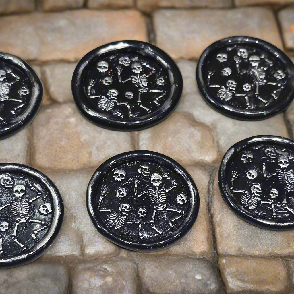 Halloween Skeleton Wax Seals Black & Silver Set of Six, with adhesive