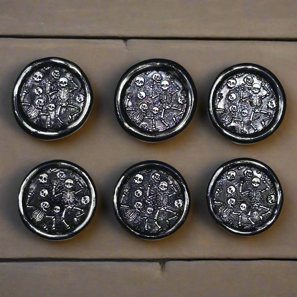 Halloween Skeleton Wax Seals Black & Silver Set of Six, with adhesive