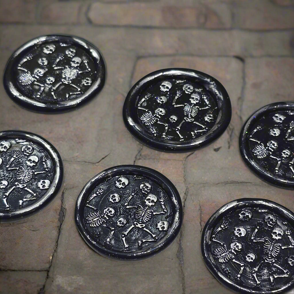 Halloween Skeleton Wax Seals Black & Silver Set of Six, with adhesive