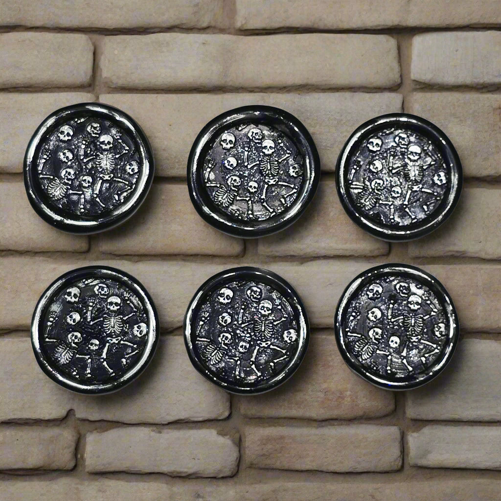 Halloween Skeleton Wax Seals Black & Silver Set of Six, with adhesive