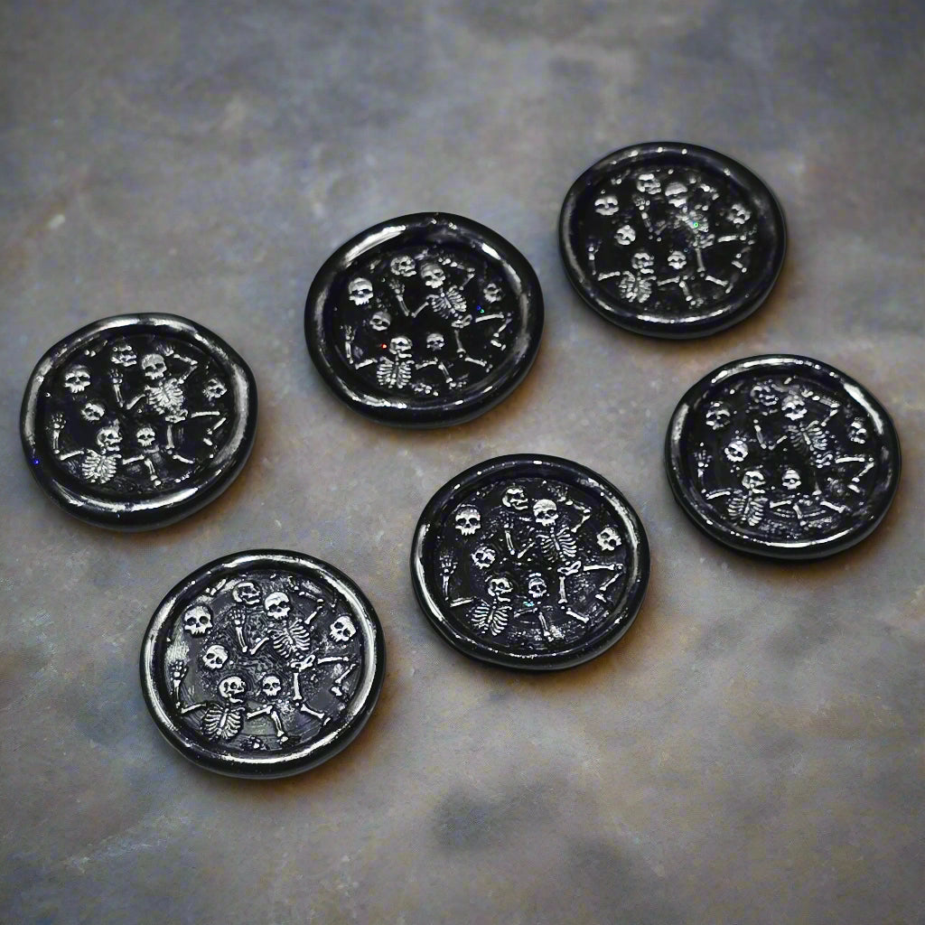 Halloween Skeleton Wax Seals Black & Silver Set of Six, with adhesive