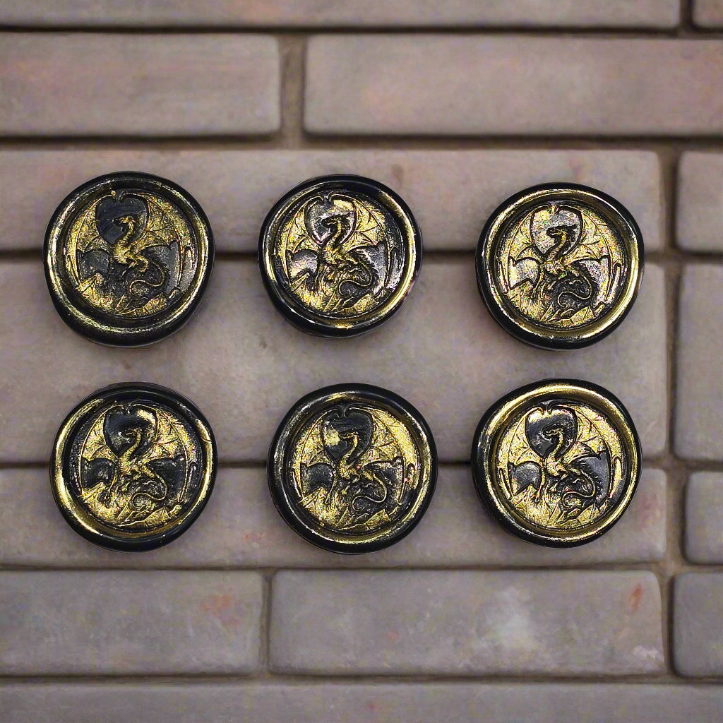 Dragon Wax Seals, Black & Gold, Set of SIX, with adhesive