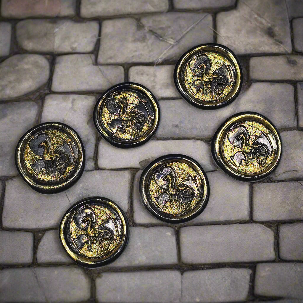 Dragon Wax Seals, Black & Gold, Set of SIX, with adhesive