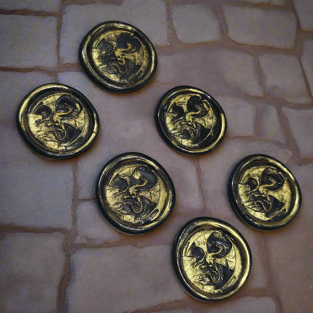 Dragon Wax Seals, Black & Gold, Set of SIX, with adhesive