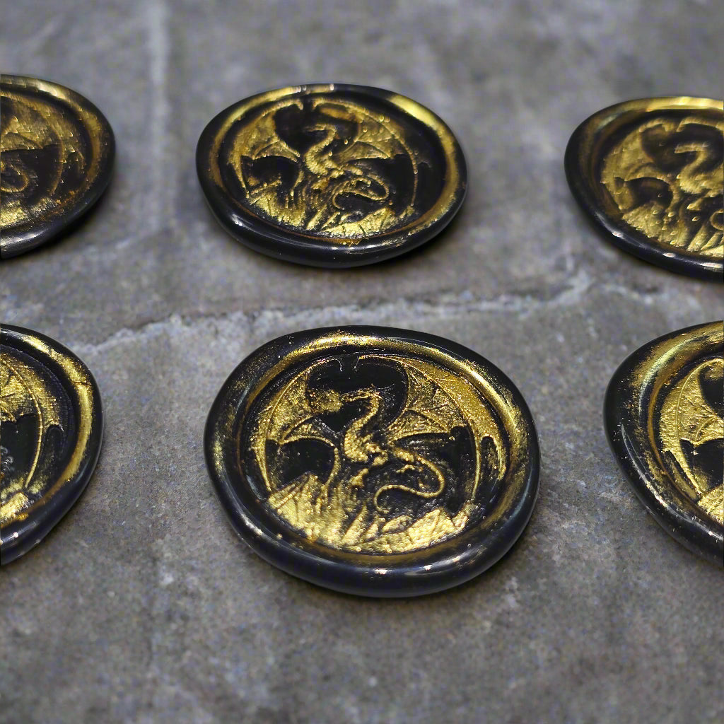 Dragon Wax Seals, Black & Gold, Set of SIX, with adhesive