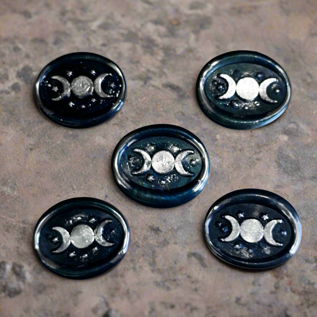 Triple Moon Midnight Blue & Silver Wax Seals Set of Five, for cards, invitations, letters and gifts!