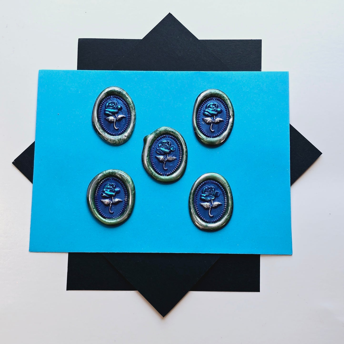 Rose Wax Seals, Blue, Silver & Green Set of Five, adhesive backing for cards, invitations, gifts and letters!