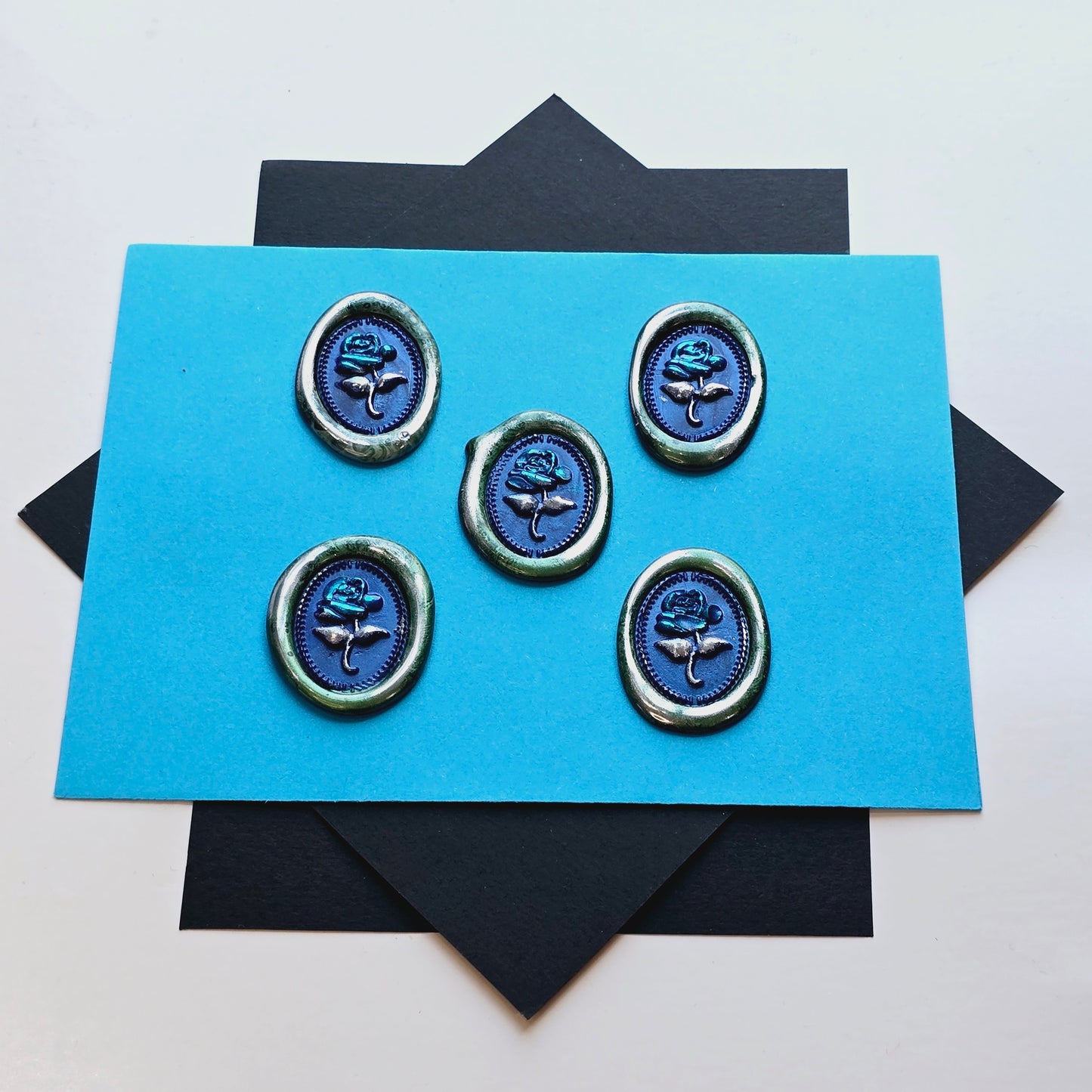 Rose Wax Seals, Blue, Silver & Green Set of Five, adhesive backing for cards, invitations, gifts and letters!