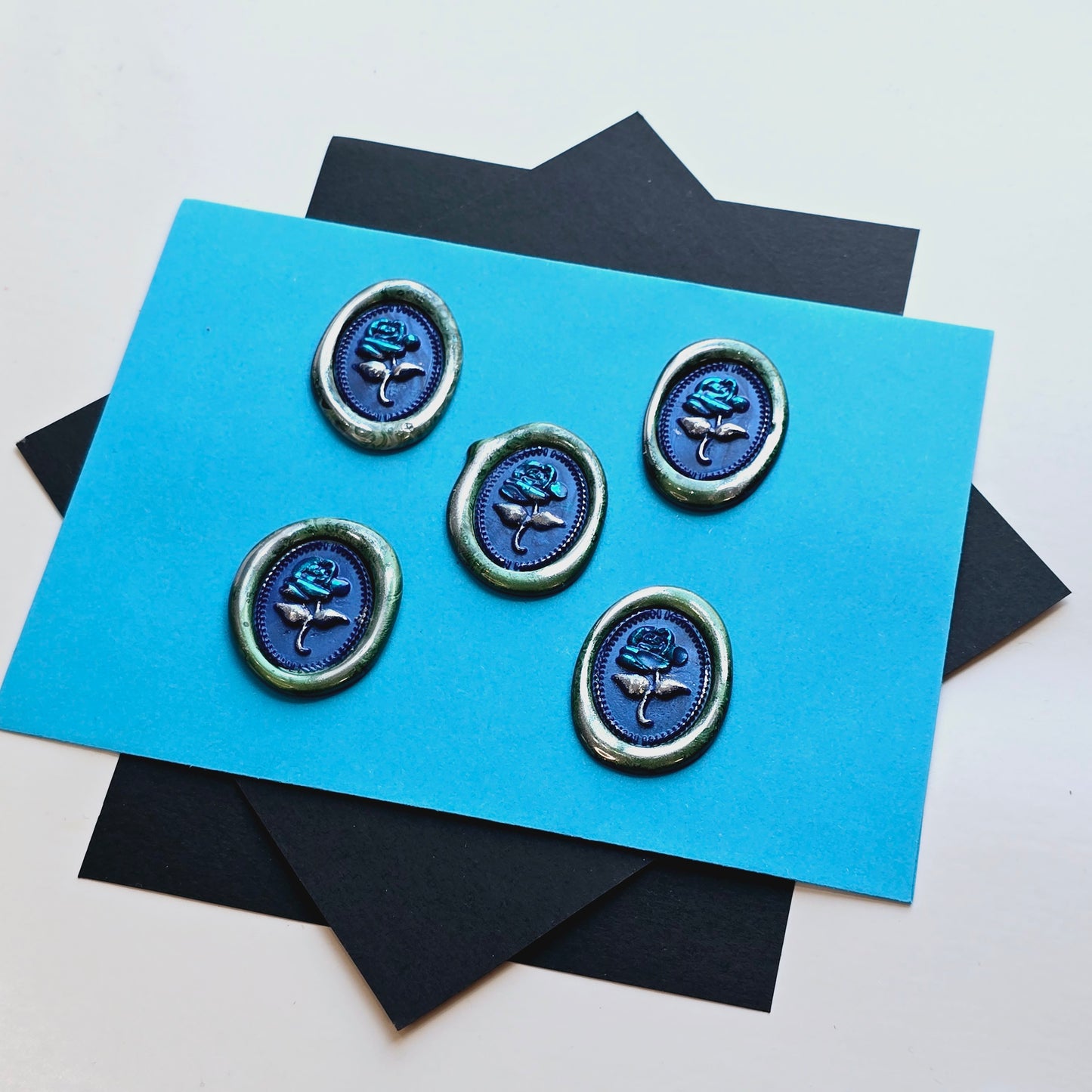 Rose Wax Seals, Blue, Silver & Green Set of Five, adhesive backing for cards, invitations, gifts and letters!
