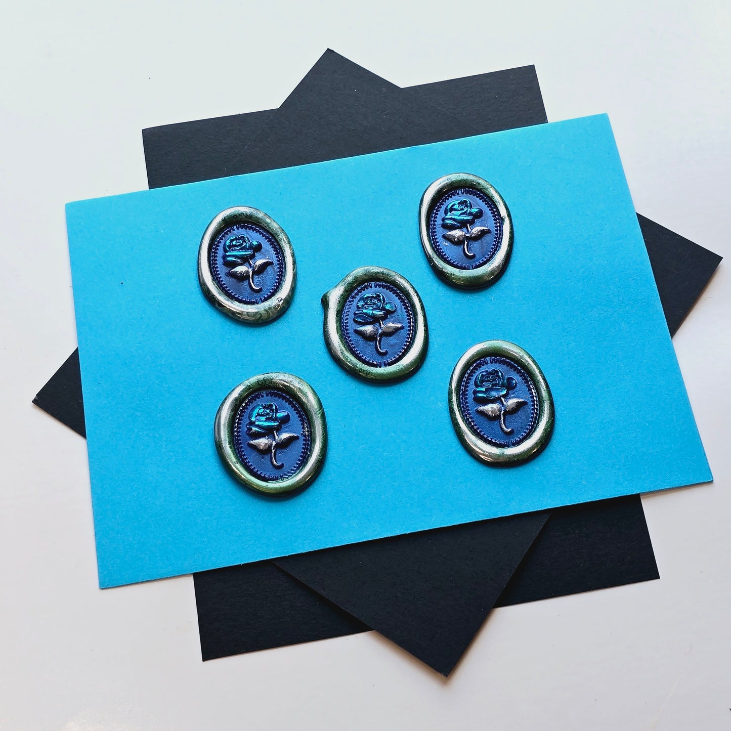 Rose Wax Seals, Blue, Silver & Green Set of Five, adhesive backing for cards, invitations, gifts and letters!