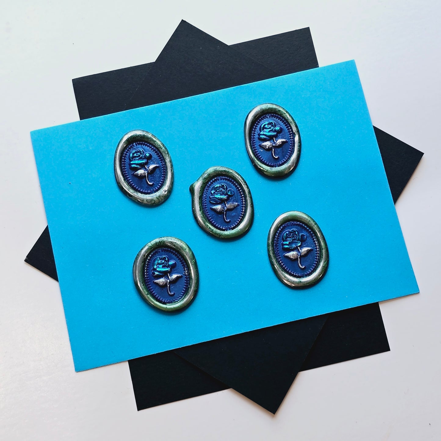 Rose Wax Seals, Blue, Silver & Green Set of Five, adhesive backing for cards, invitations, gifts and letters!