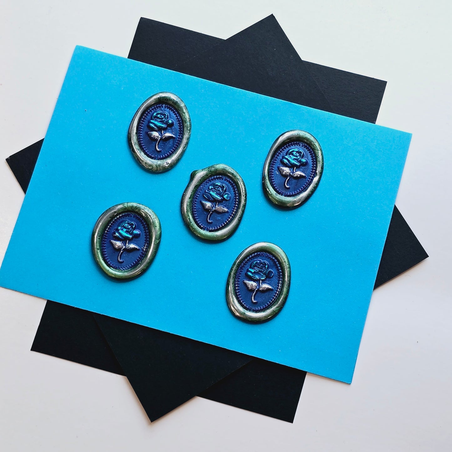 Rose Wax Seals, Blue, Silver & Green Set of Five, adhesive backing for cards, invitations, gifts and letters!