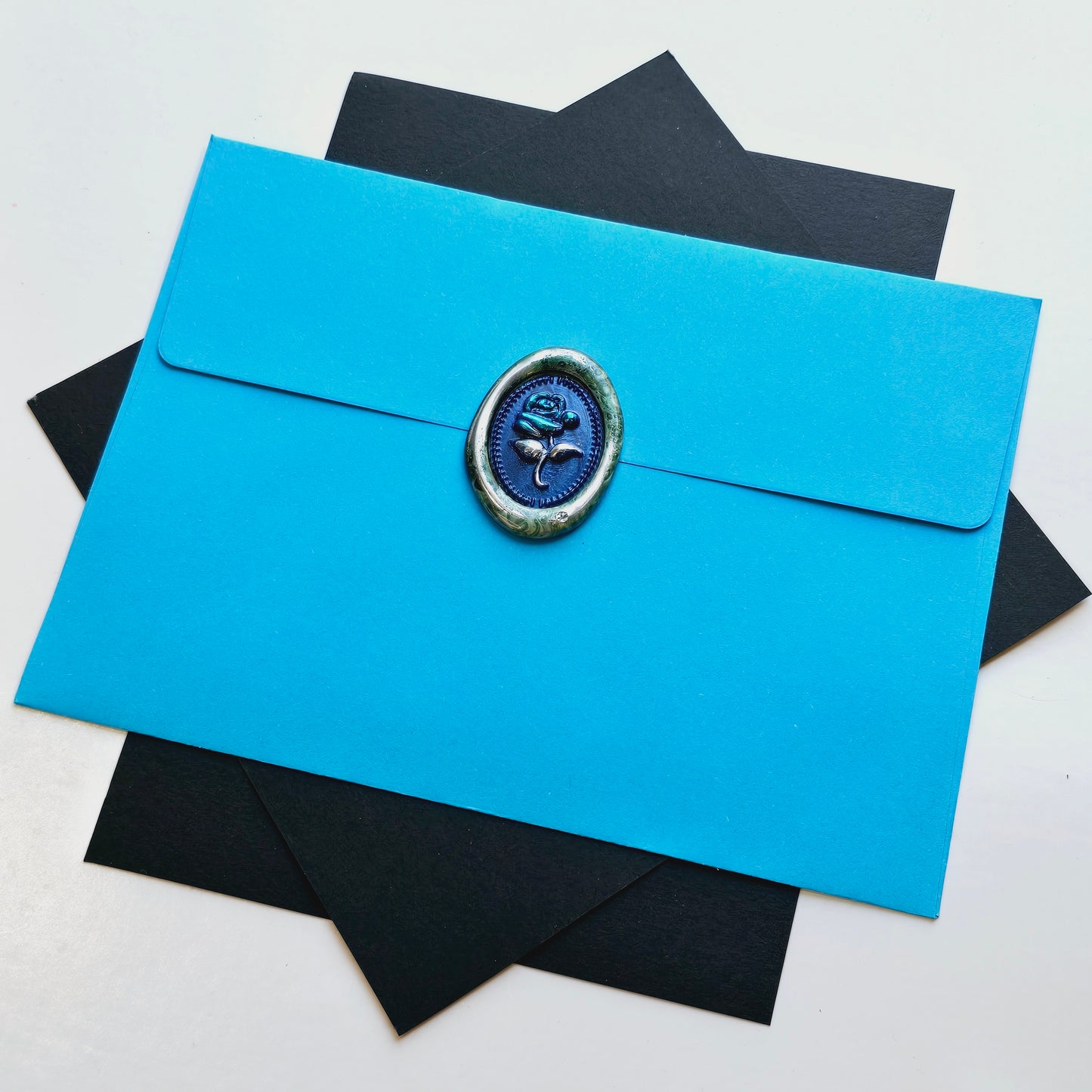 Rose Wax Seals, Blue, Silver & Green Set of Five, adhesive backing for cards, invitations, gifts and letters!