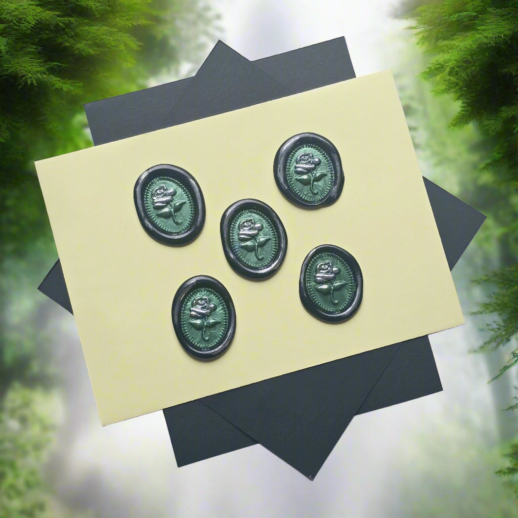 Rose Wax Seals Green, Silver & Black Set of Five