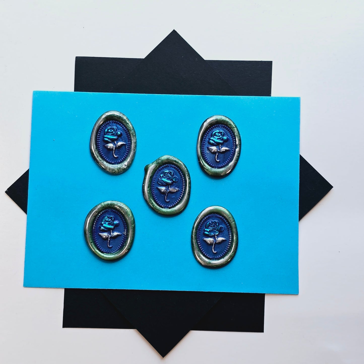 Rose Wax Seals, Blue, Silver & Green Set of Five, adhesive backing for cards, invitations, gifts and letters!