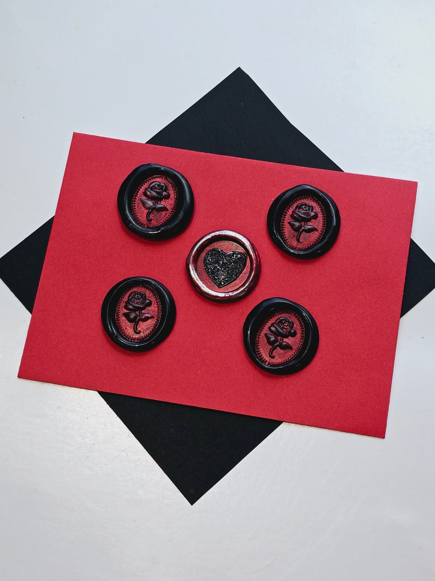 Rose & Heart Goth Vintage Style Wax Seal Metallic Black, Red & Silver Set of Five