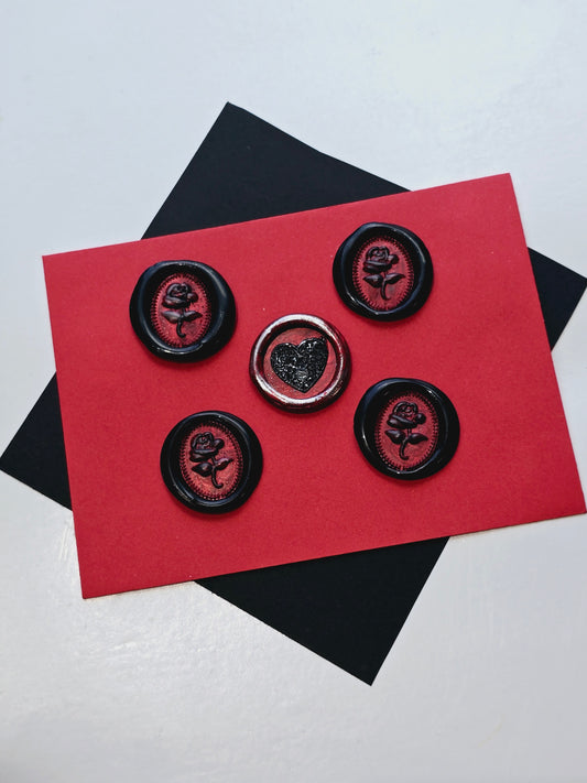 Rose & Heart Goth Vintage Style Wax Seal Metallic Black, Red & Silver Set of Five