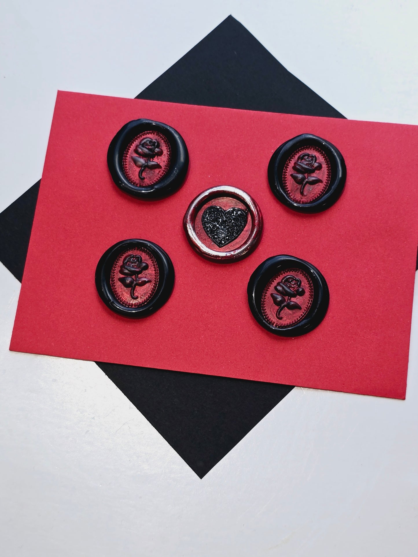 Rose & Heart Goth Vintage Style Wax Seal Metallic Black, Red & Silver Set of Five