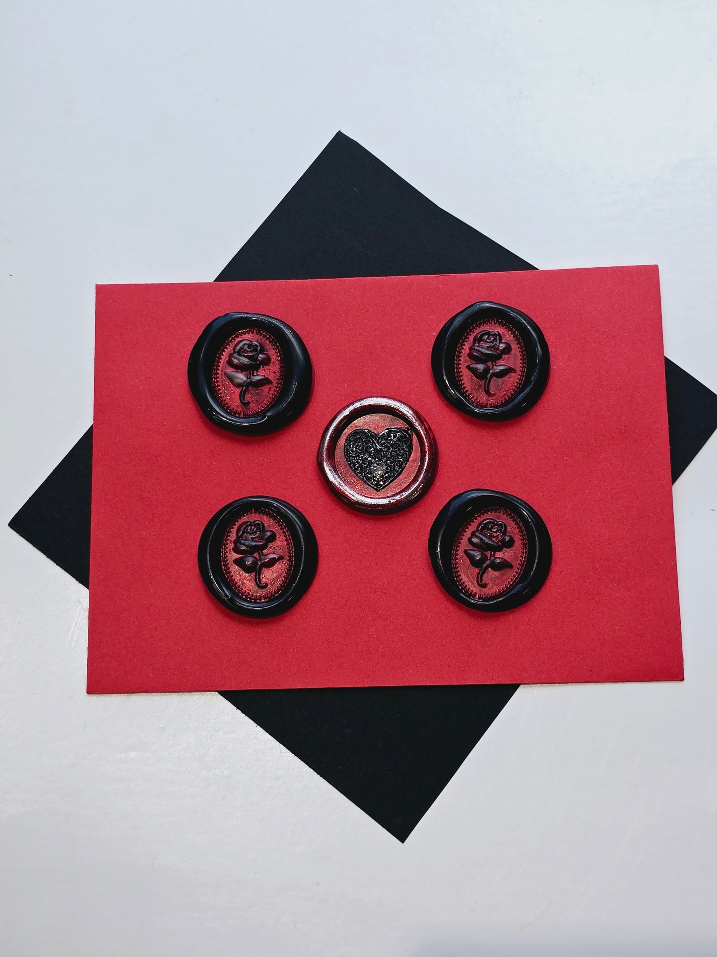 Rose & Heart Goth Vintage Style Wax Seal Metallic Black, Red & Silver Set of Five