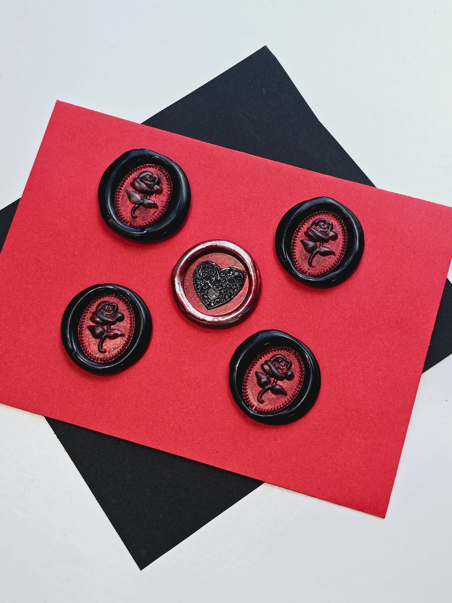 Rose & Heart Goth Vintage Style Wax Seal Metallic Black, Red & Silver Set of Five