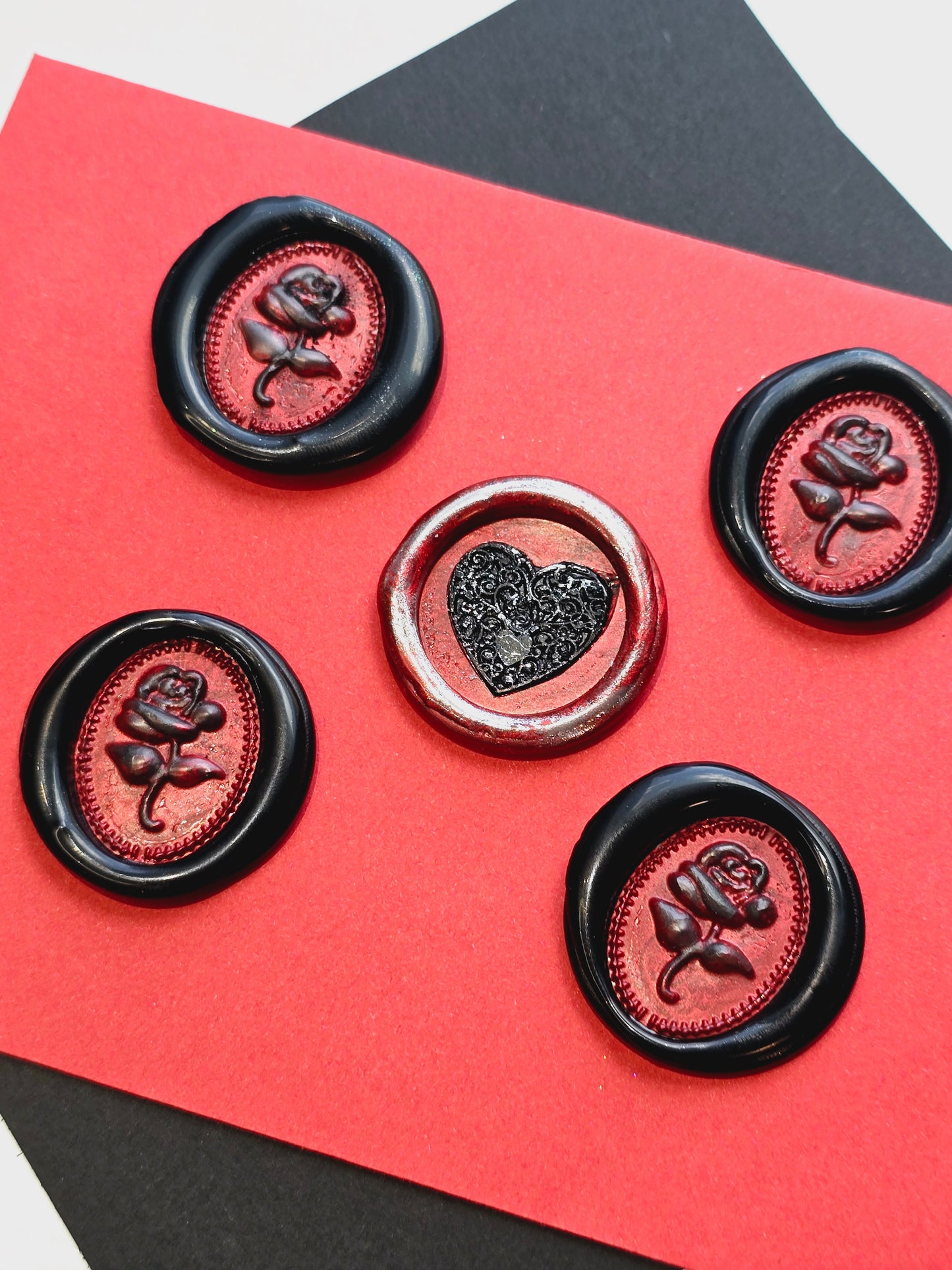 Rose & Heart Goth Vintage Style Wax Seal Metallic Black, Red & Silver Set of Five