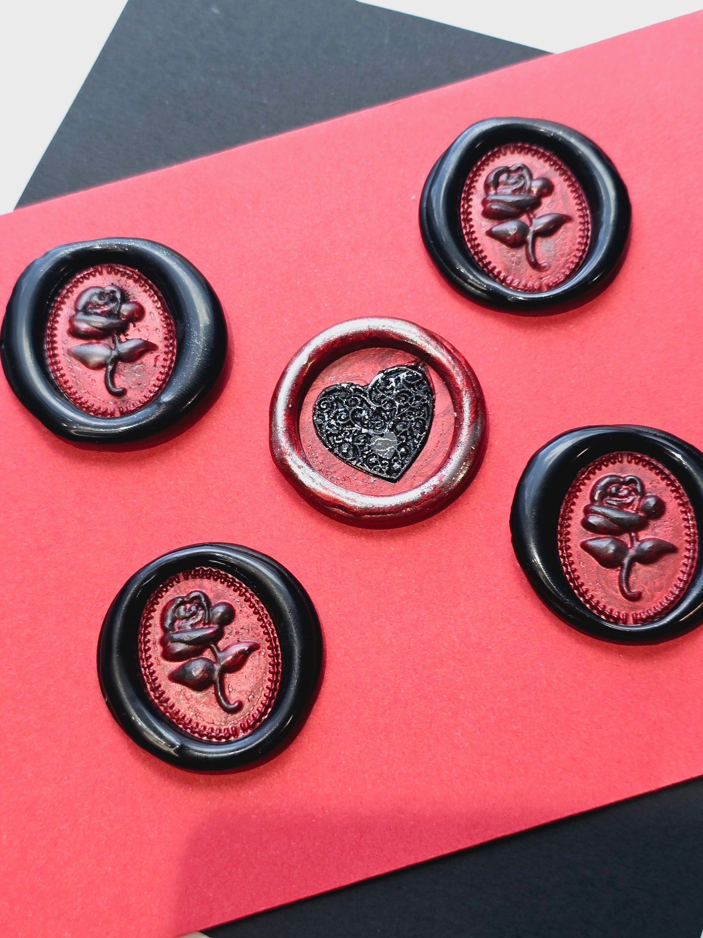 Rose & Heart Goth Vintage Style Wax Seal Metallic Black, Red & Silver Set of Five