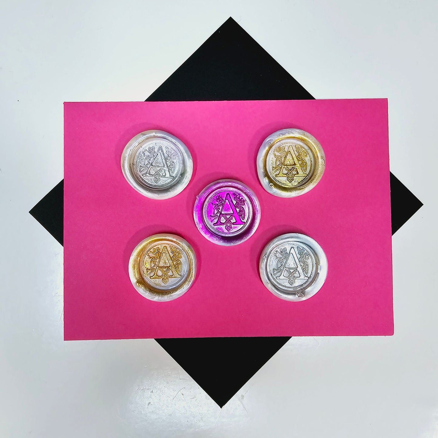 Letter A Wax Seals Metallic White Pearl Silver Gold Pink Purple Set of 5