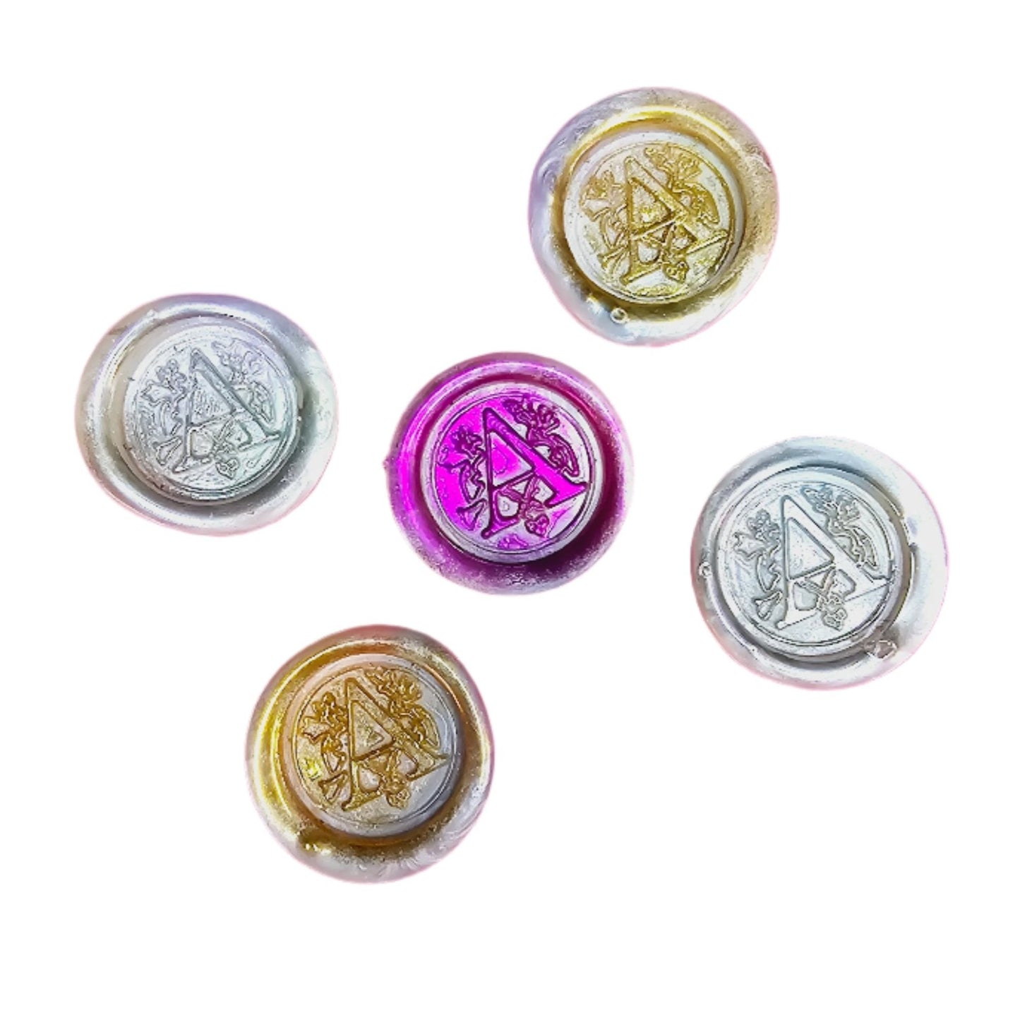 Letter A Wax Seals Metallic White Pearl Silver Gold Pink Purple Set of 5