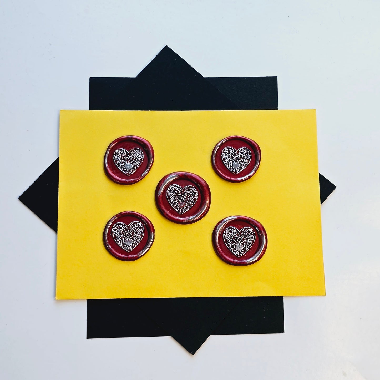 Heart Wax Seal, Red & Silver Metallic Set of Five