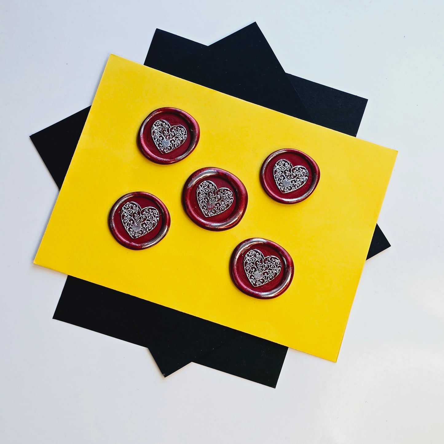 Heart Wax Seal, Red & Silver Metallic Set of Five