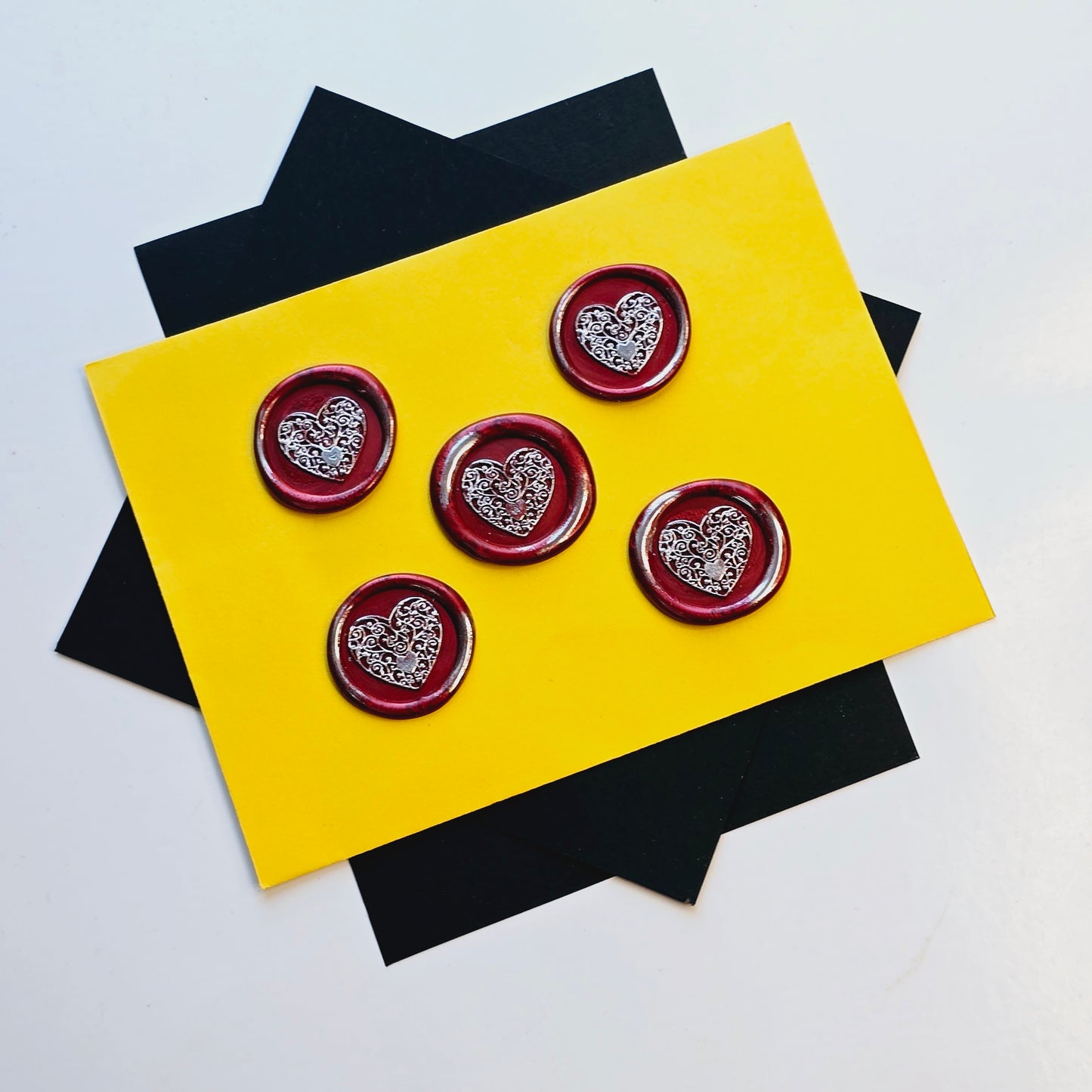 Heart Wax Seal, Red & Silver Metallic Set of Five