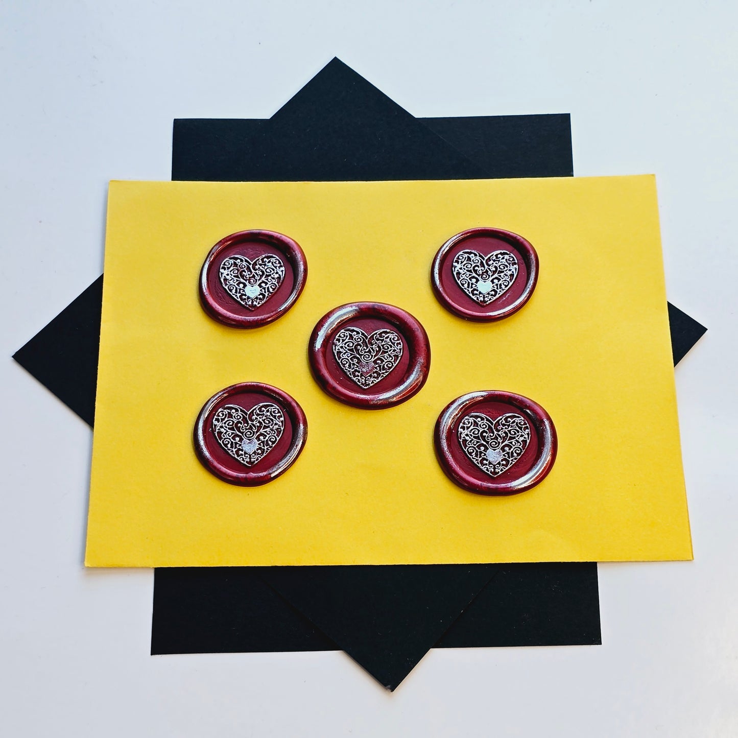 Heart Wax Seal, Red & Silver Metallic Set of Five