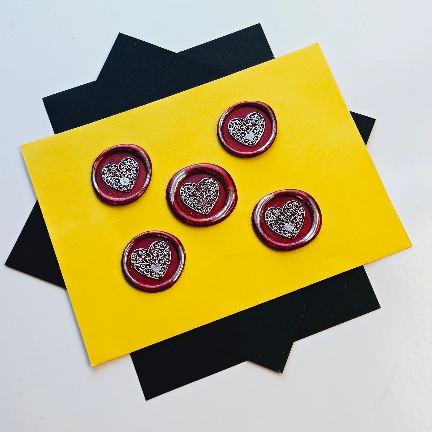 Heart Wax Seal, Red & Silver Metallic Set of Five