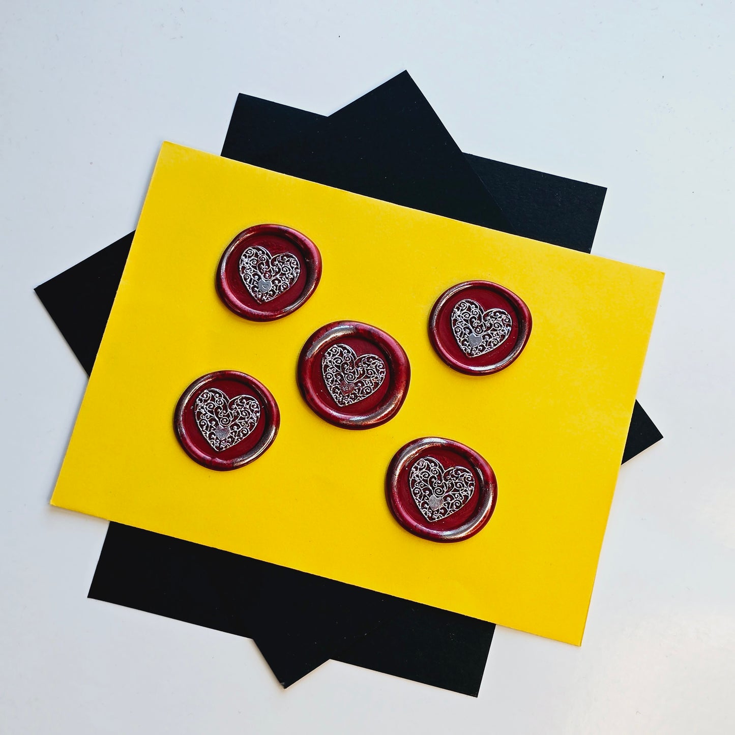 Heart Wax Seal, Red & Silver Metallic Set of Five