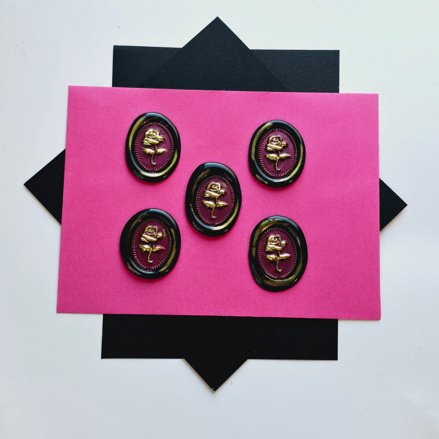 Rose Wax Seals, Metallic Black, Mulberry & Gold Set of Five