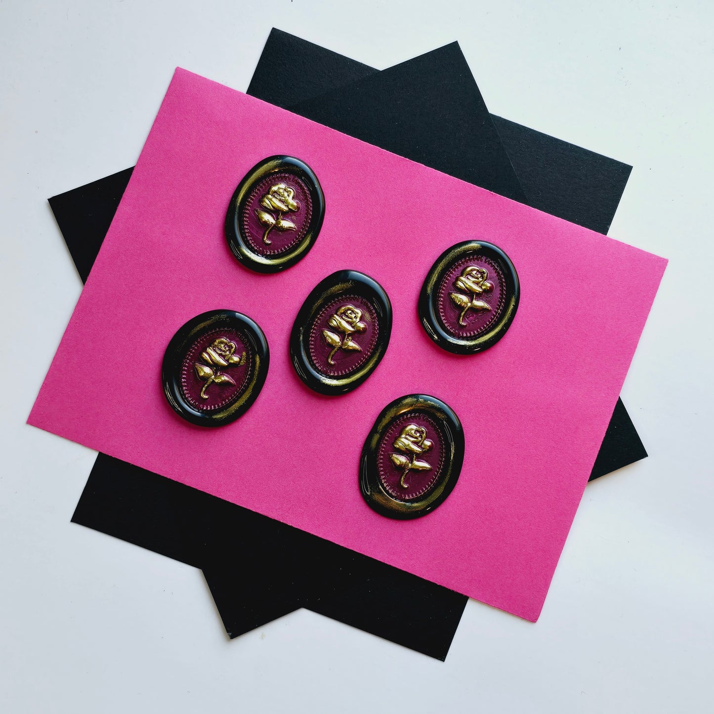 Rose Wax Seals, Metallic Black, Mulberry & Gold Set of Five