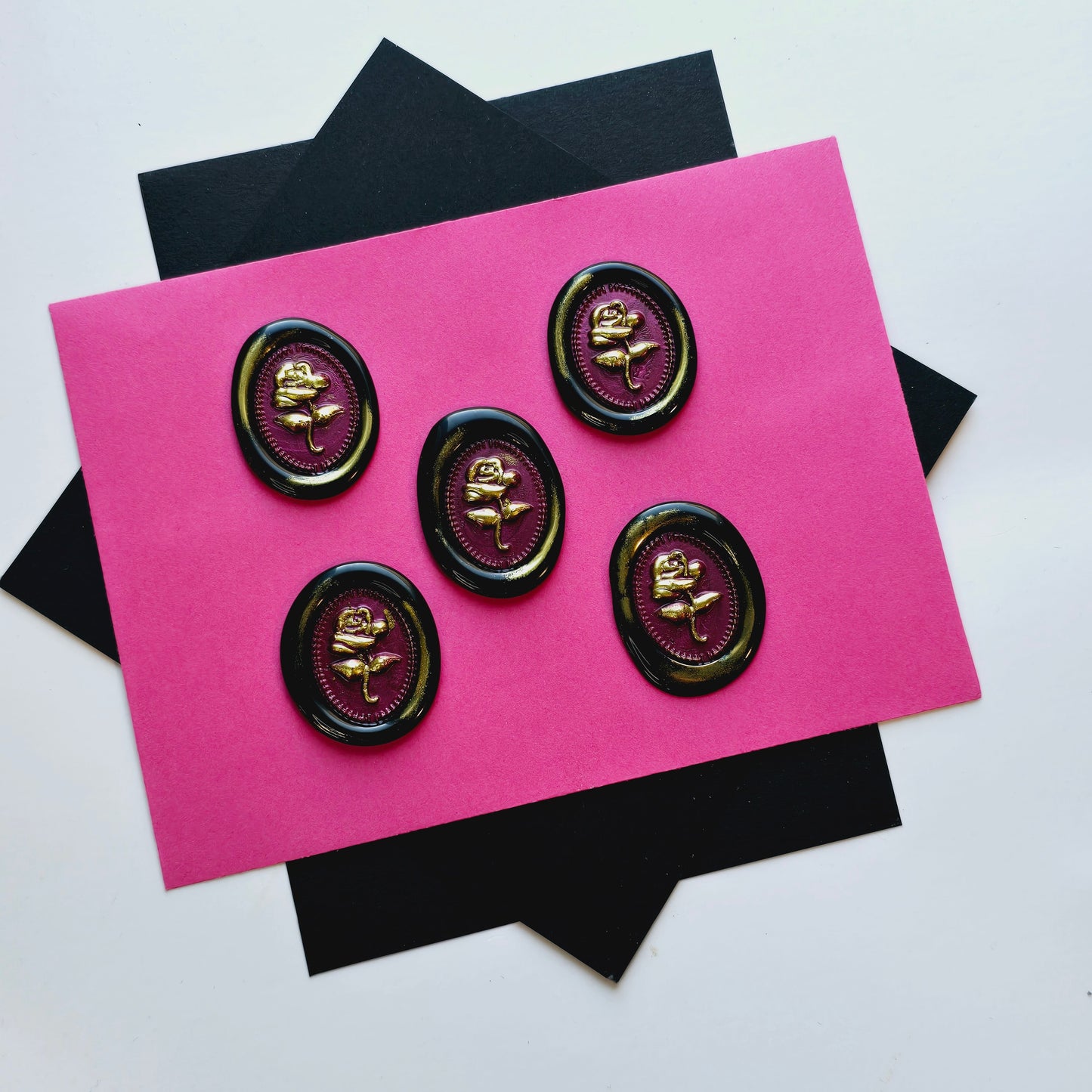 Rose Wax Seals, Metallic Black, Mulberry & Gold Set of Five