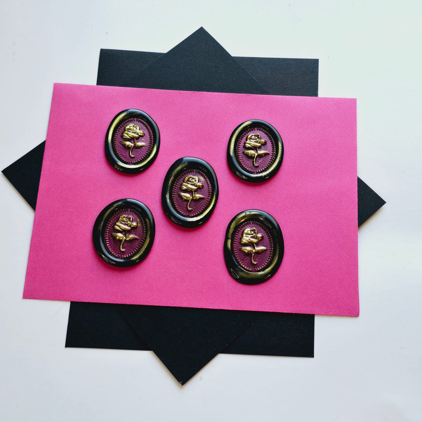 Rose Wax Seals, Metallic Black, Mulberry & Gold Set of Five