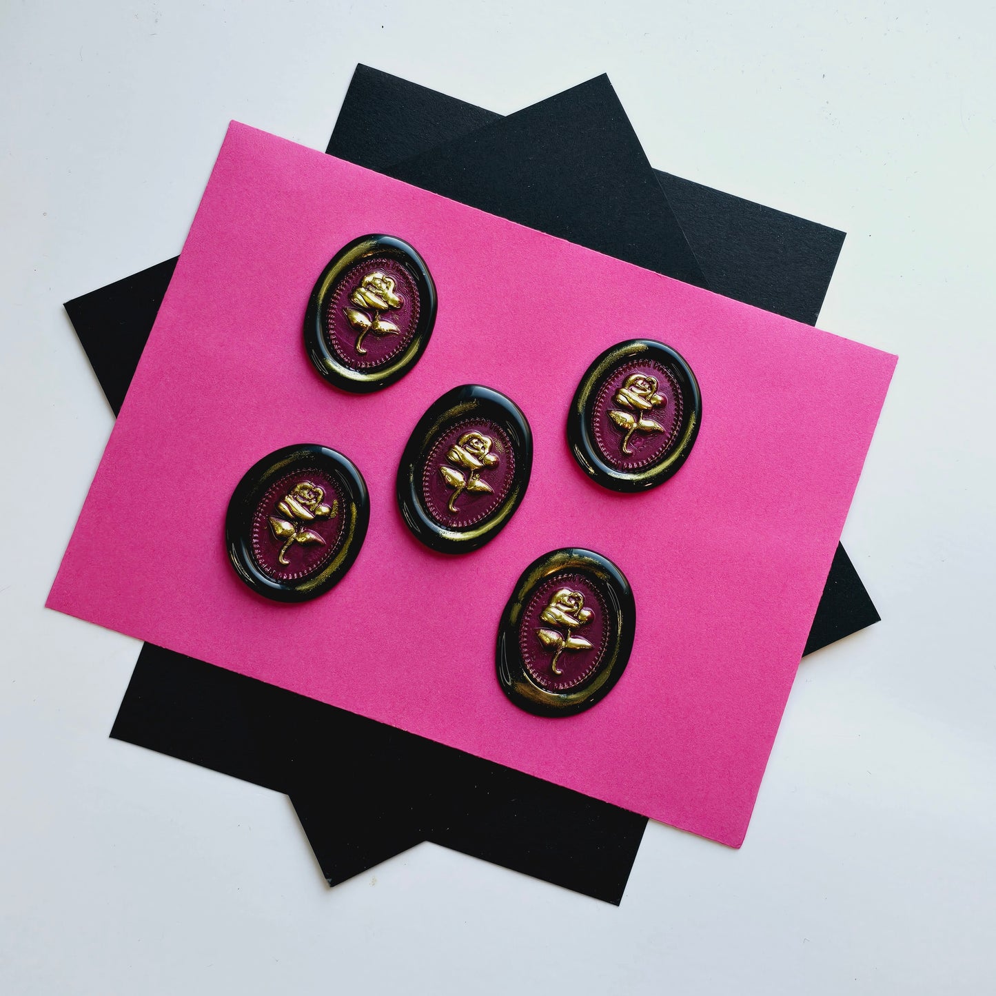 Rose Wax Seals, Metallic Black, Mulberry & Gold Set of Five